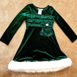 Bonnie Jean Green Velvet Dress with White Fur Trim